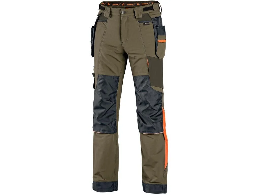 Nohavice CXS NAOS, pánske, khaki-olive, HV oranžové doplnky